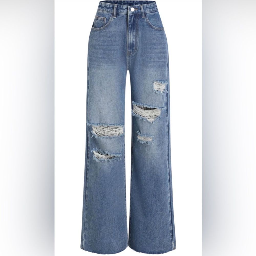 Cider High Rise Distressed Denim WIde Leg Jeans Medium